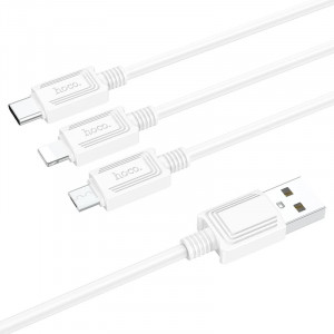Кабель USB - 8 pin, Type-C, микро USB HOCO X74, 1.0м, круглый, 2.4A, силикон, 3 в 1, цвет: белый