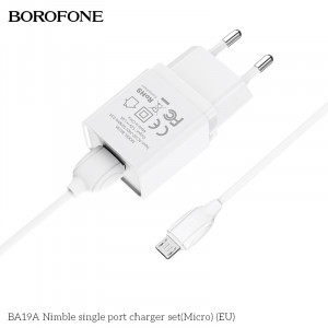 Блок питания сетевой 1 USB Borofone, BA19A, Nimble, 1A, пластик, кабель микро USB, цвет: белый