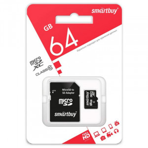 Карта памяти MicroSD  64GB  Smart Buy Class 10 + SD адаптер