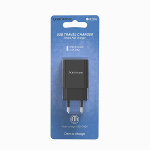 Блок питания сетевой 1 USB Borofone, BA20A, Sharp, 2100mA, пластик, цвет: чёрный