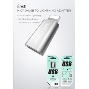 Переходник Эпл 8 pin - микро USB(f) Borofone BV5, плоский, алюминий, цвет: серебряный