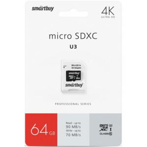 Карта памяти MicroSD  64GB  Smart Buy Сlass 10 Pro UHS-I U3 (60/95 Mb/s) + SD адаптер